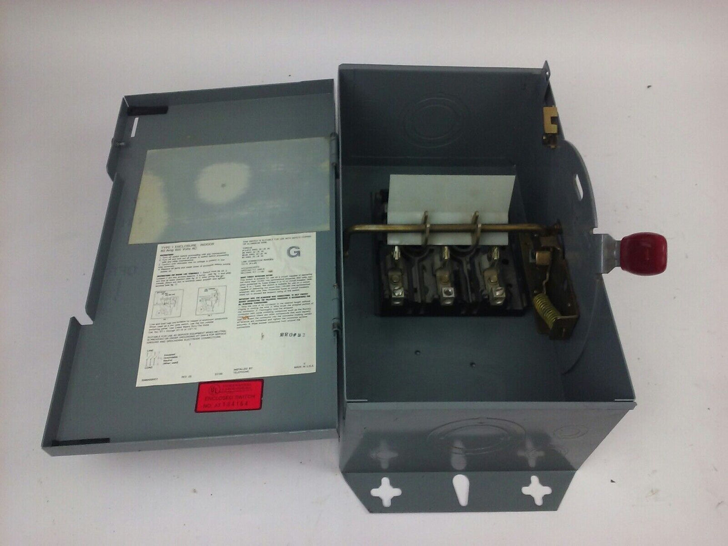 WESTINGHOUSE, HUN362, SAFETY SWITCH, 60A, 600V, 3P, TYPE 1 INDOOR, MISSING PARTS