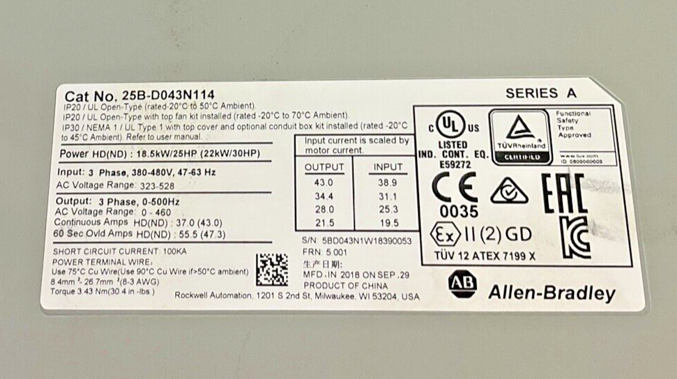 ALLEN-BRADLEY 25B-D043N114 DRIVE SER.A FRN:5.001 POWERLEX 525 18.5KW 25HP 3PH