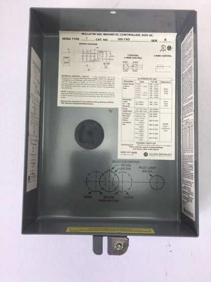 ALLEN BRADLEY 509-TAD FULL VOLTAGE STARTER NEMA SIZE 00 GA475 COIL 480V 60HZ