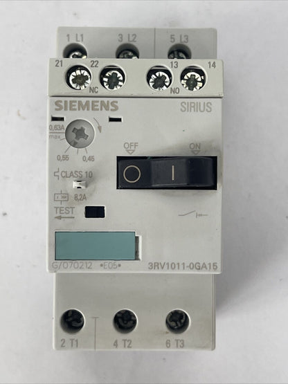 SIEMENS 3RV1011-0GA15 MOTOR PROTECTION 600VAC 1/2HP 8.2A TRIP 0.45-0.63A