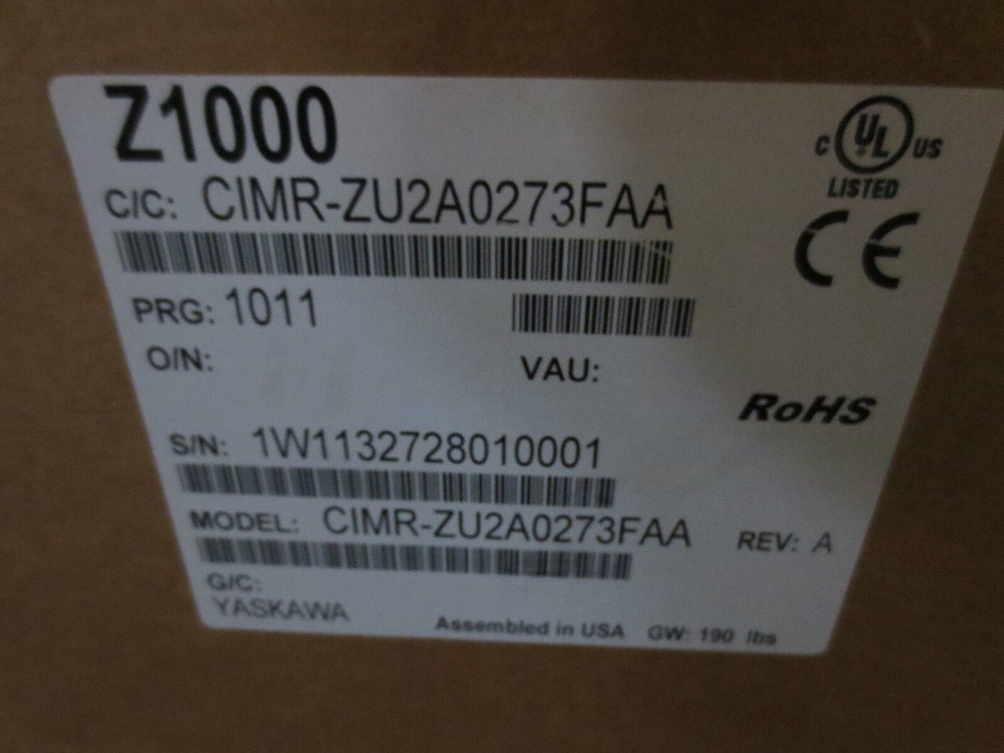 YASKAWA CIMR-ZU2A0273FAA INVERTER / DRIVE - Z1000 - 0-240V, 273A NEW SURPLUS