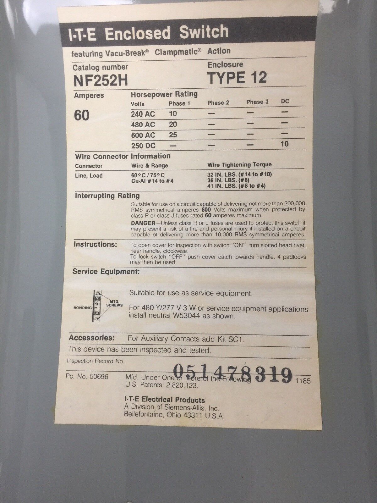 I-T-E SIEMENS NF252H HEAVY DUTY ENCLOSED SWITCH 60A 600VAC 2 POLE NON-FUSIBLE