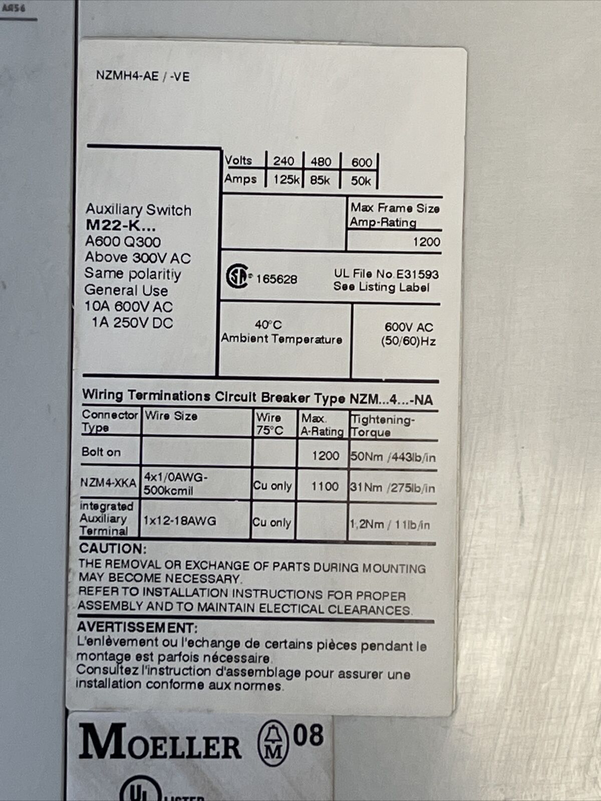 MOELLER NZMH4-AE CIRCUIT BREAKER 600VAC 1200A NZM4-XUHIV20 24VDC NZM H4-AE800A