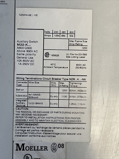 MOELLER NZMH4-AE CIRCUIT BREAKER 600VAC 1200A NZM4-XUHIV20 24VDC NZM H4-AE800A