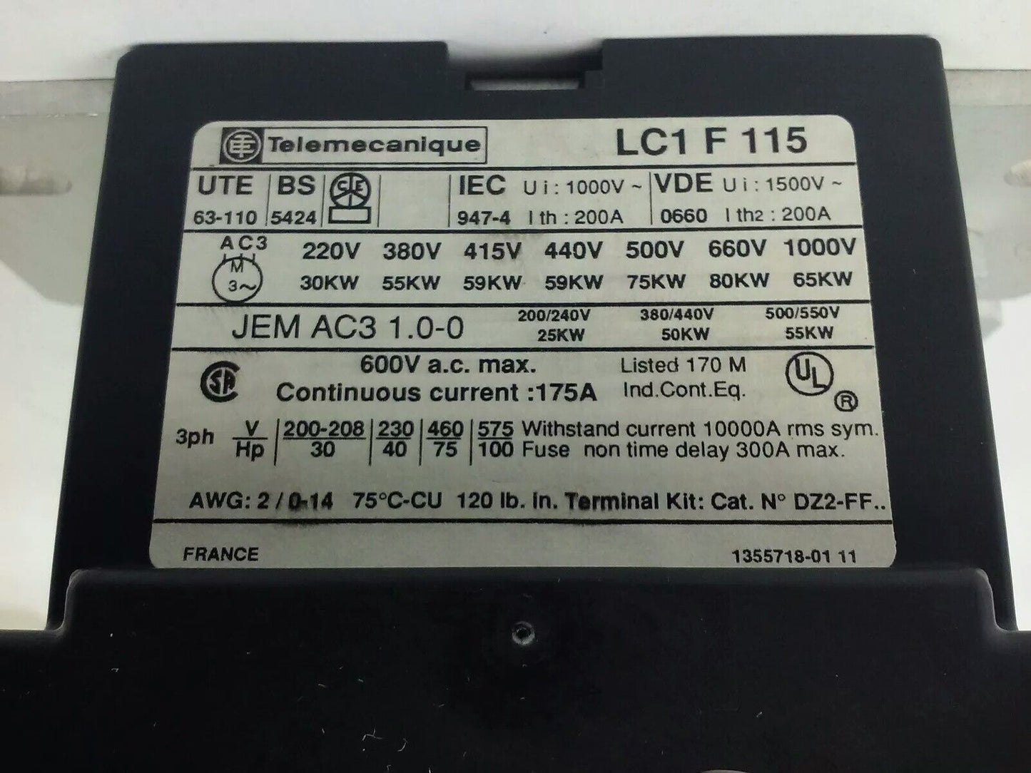 TELEMECANIQUE LC1F115 CONTACTOR 3PH 600VAC 175A 100HP NO COIL!!