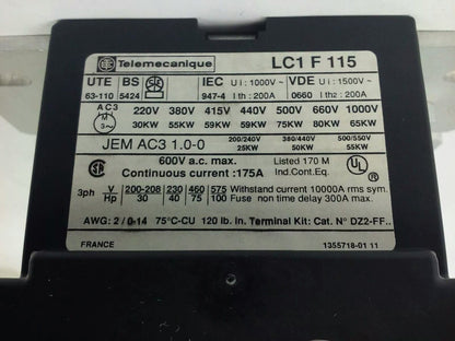 TELEMECANIQUE LC1F115 CONTACTOR 3PH 600VAC 175A 100HP NO COIL!!