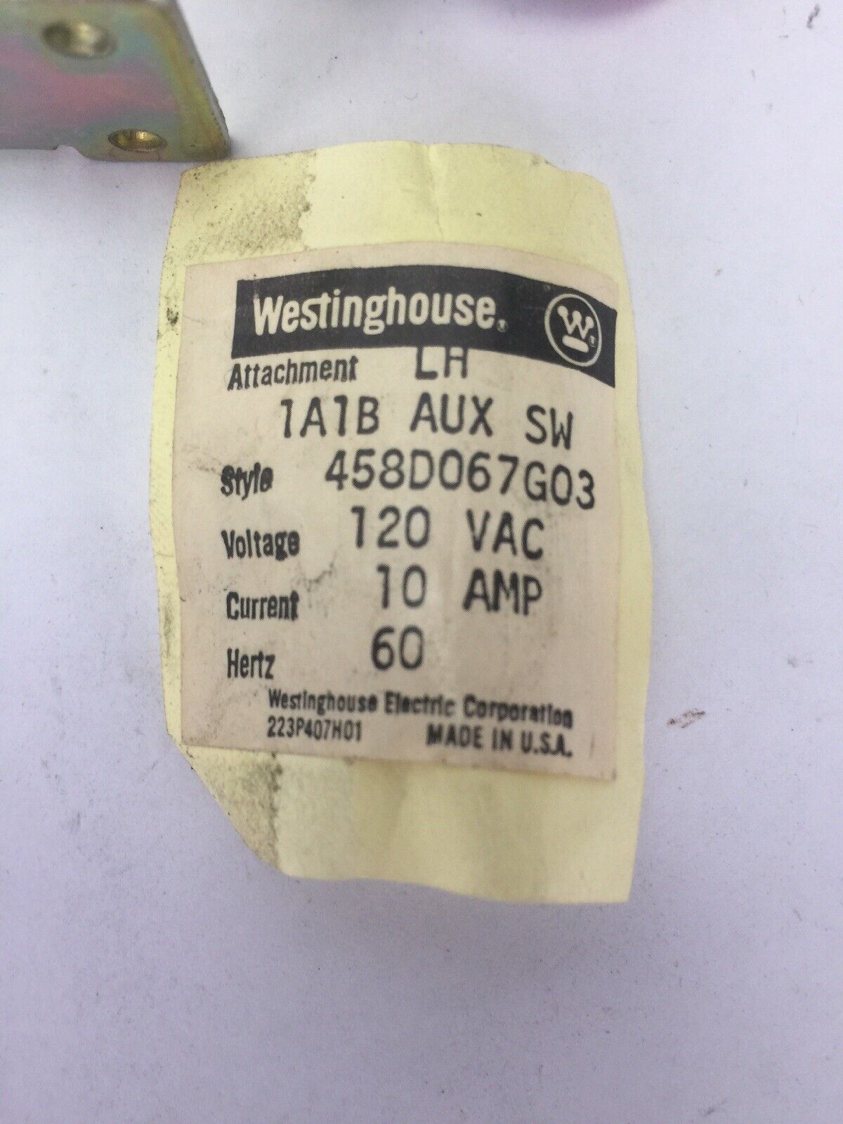 WESTINGHOUSE/CUTLER HAMMER 458D067G03 LH AUXILIARY SWITCH 120VAC 60HZ 10AMP