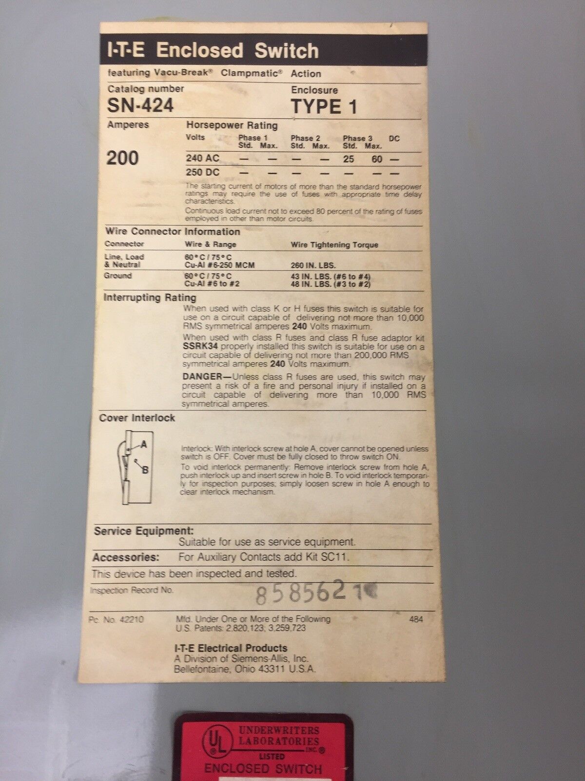 ITE SN424 HD VACU-BREAK SWITCH W/CLAMPMATIC CONTACTS 200 AMPS 240 VAC 3 PHASE