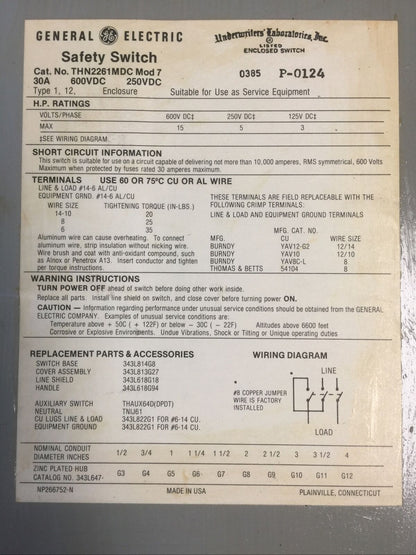 GE THN2261MDC MOD 7 NON FUSIBLE SAFETY SWITCH 30A 250/600VDC 3P 15HP TYPE 1,12