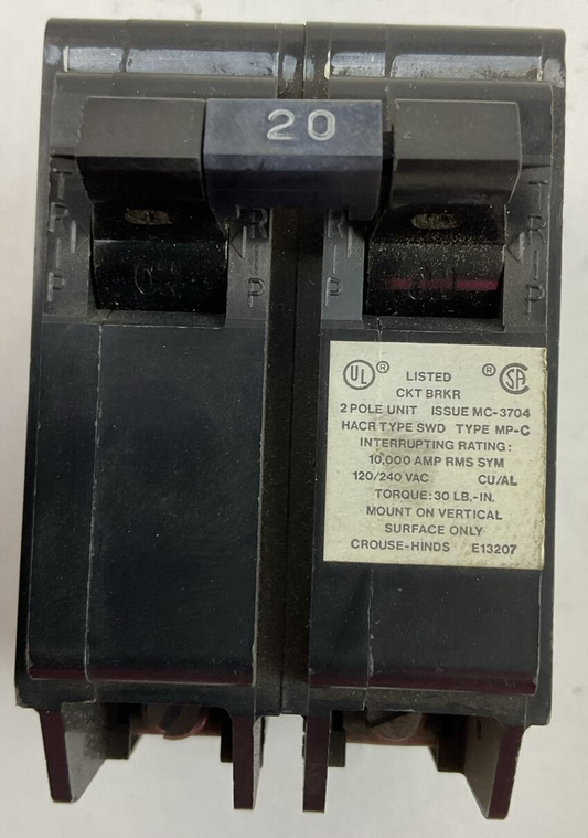 CROUSE-HINDS MP220 CIRCUIT BREAKER 20AMP 2POLE 120/240VAC TYPE MP-C