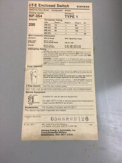 ITE NF354 VACU-BREAK SWITCH WITH CLAMPMATIC CONTACTS 600 VAC 200 AMPS