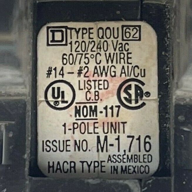 SQUARE D QOU120 CIRCUIT BREAKER 1POLE 20AMP 120/240VAC HACR TYPE YELLOW D