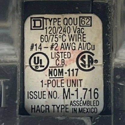 SQUARE D QOU120 CIRCUIT BREAKER 1POLE 20AMP 120/240VAC HACR TYPE YELLOW D