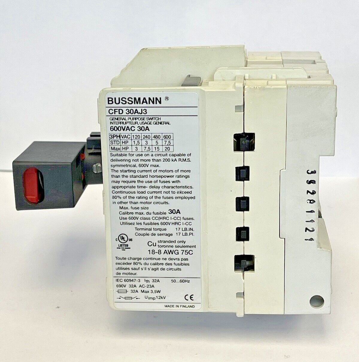 BUSSMANN - CFD 30J3 - FUSIBLE DISCONNECT SWITCH - 30A, 600V, 3 POLE