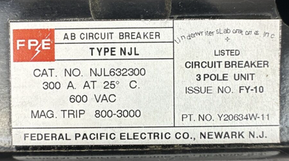 FPE NJL632300 CIRCUIT BREAKER 600VAC 300AMP 3POLE