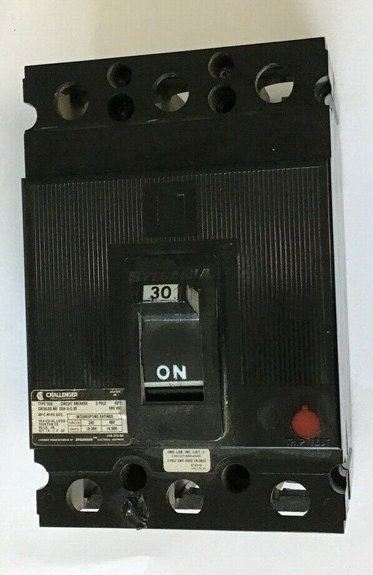 SYLVANIA/ CHALLENGER SEH-3-C-30 CIRCUIT BREAKER 3P 30A 480VAC