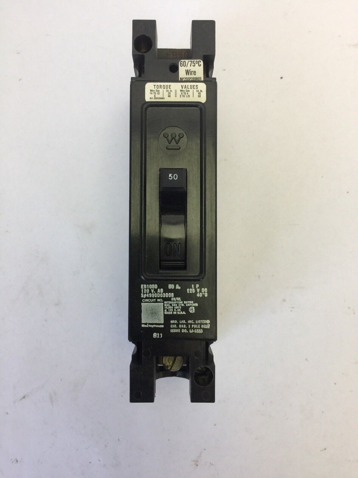 WESTINGHOUSE EB1050 CIRCUIT BREAKER 50AMP 1POLE 120/240VAC 125VDC 4990D03G08