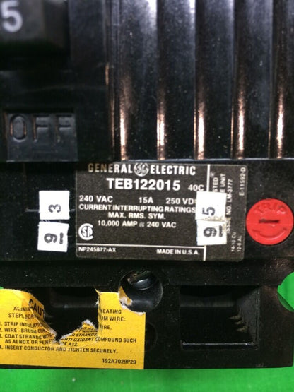 GE CIRCUIT BREAKER 15 AMPS 240 VOLT 2 POLES TEB122015