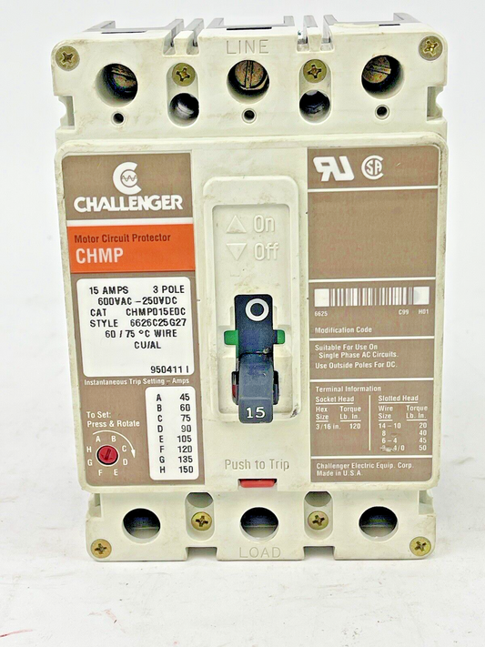 CHALLENGER - CHMP015E0C, MOTOR CIRCUIT PROTECTION BREAKER, 15 A, 3 Pole, 600 VAC