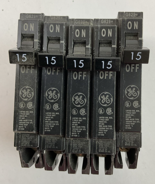 GE THQP115 CIRCUIT BREAKER 1POLE 15AMP 120/240VAC (LOT OF 5)