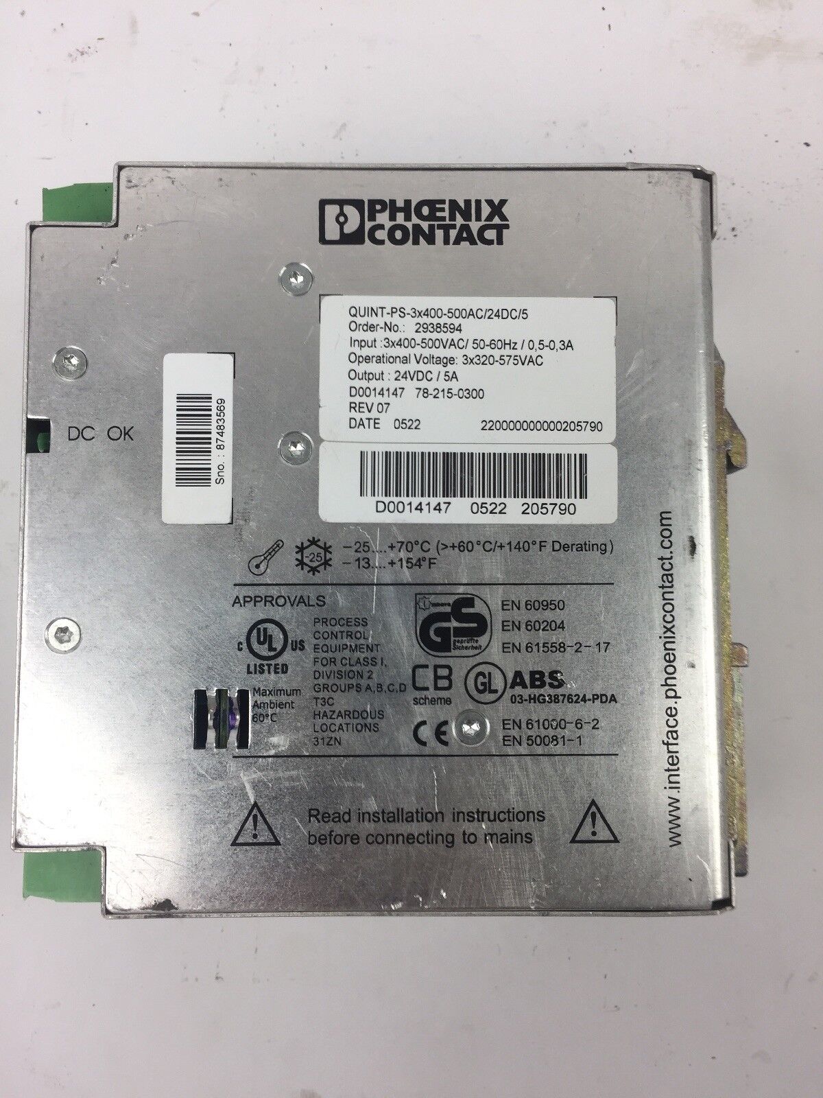 PHOENIX CONTACT QUINT-PS-3X400-500AC/24DC/5 POWER SUPPLY 24VDC 5A