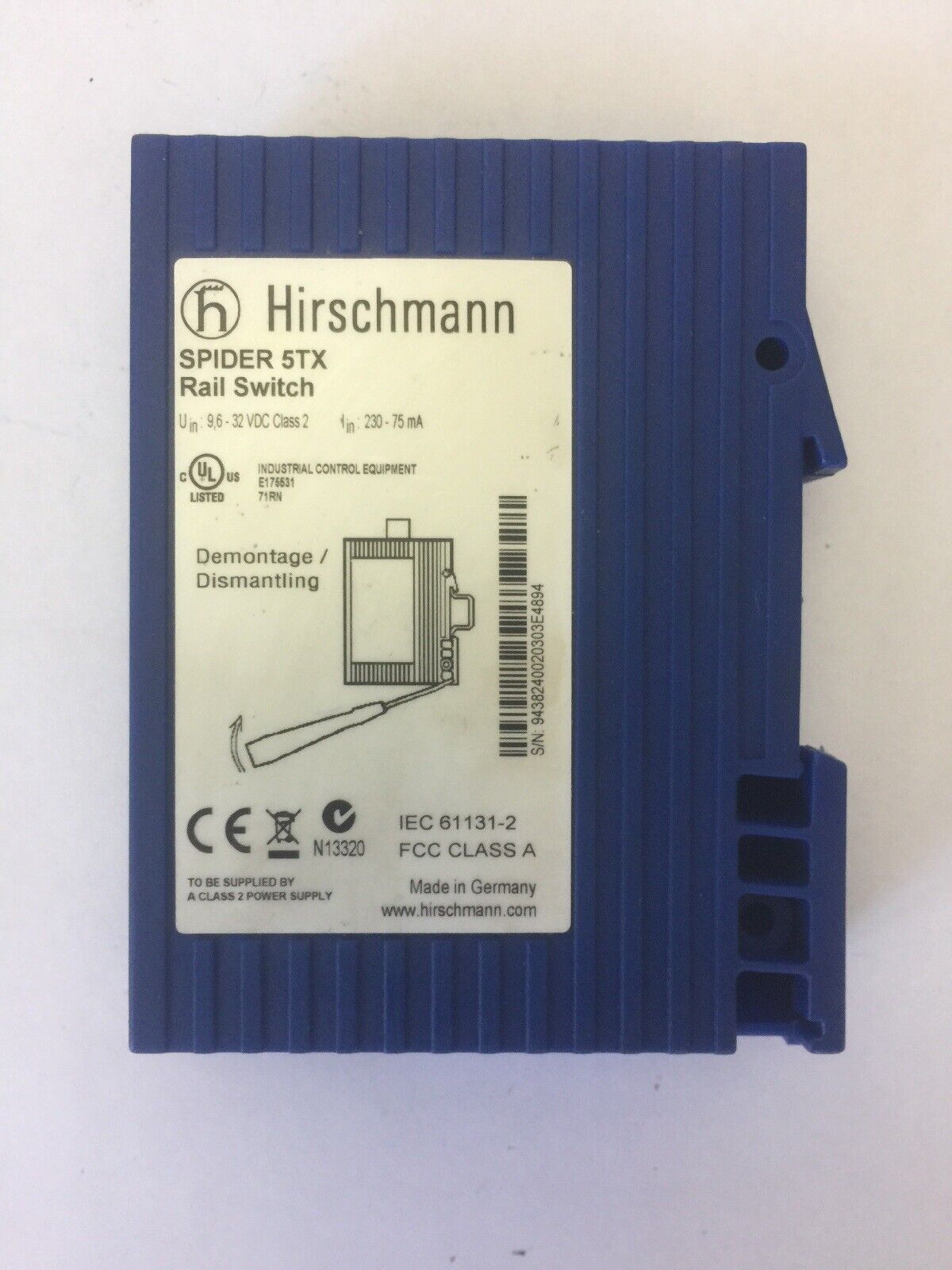 HIRSCHMANN SPIDER 5TX RAIL SWITCH 9.6-32VDC CLASS 2