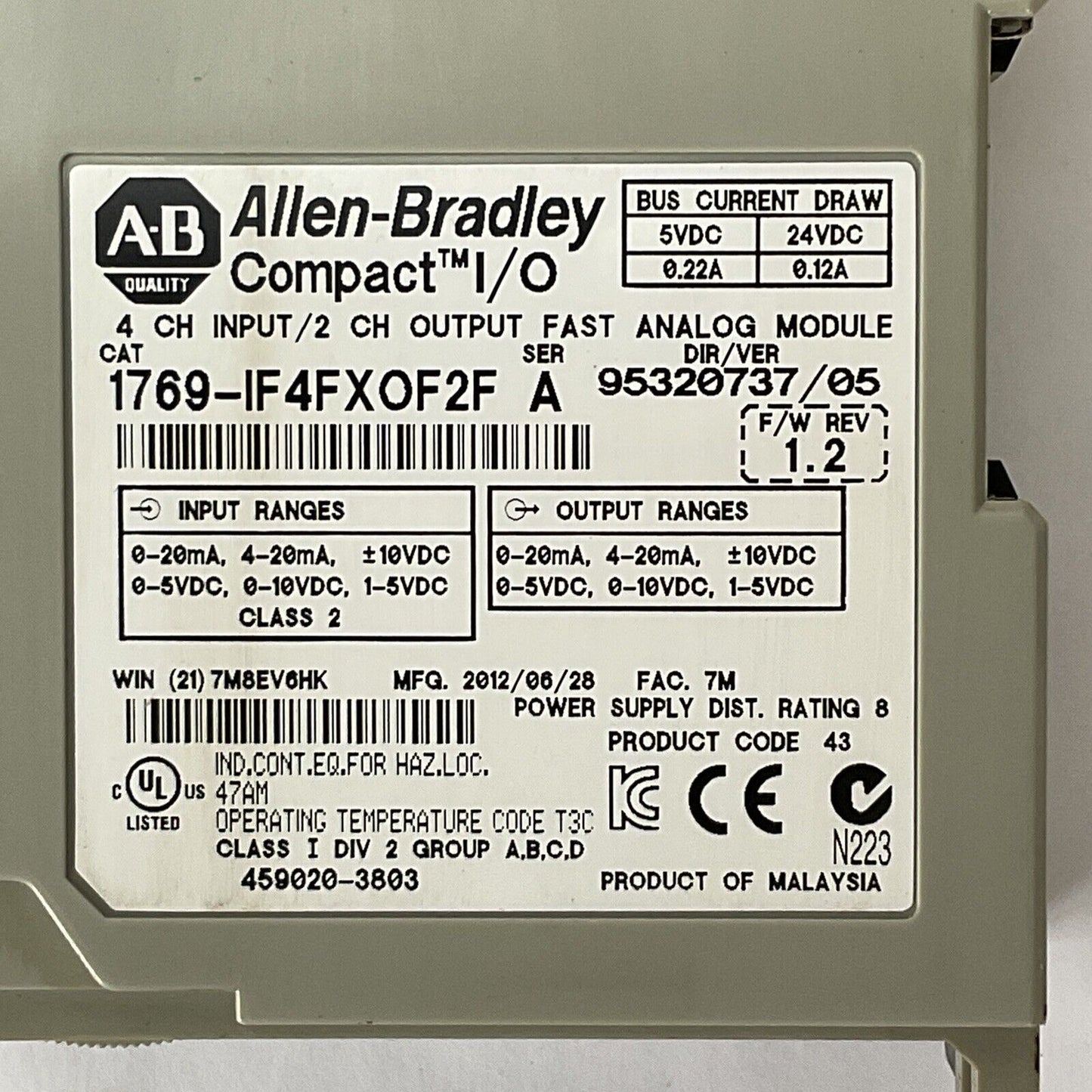 ALLEN BRADLEY 1769-IF4FXOF2R SER A F/W REV 1.2 DIR/VER 95320737/05 COMPACT I/O