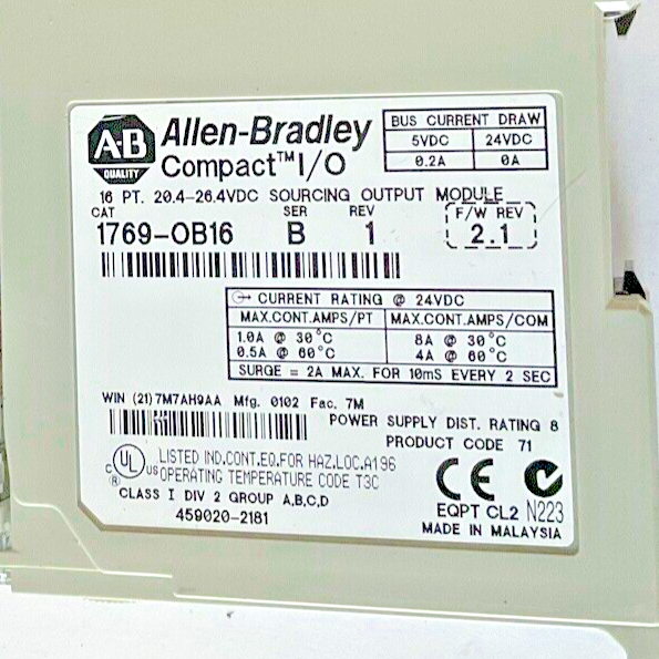 ALLEN BRADLEY 1769-OB16 COMPACT I/O OUTPUT MODULE SER.B REV.1 F/W REV.2.1 24VDC