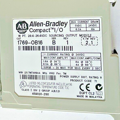 ALLEN BRADLEY 1769-OB16 COMPACT I/O OUTPUT MODULE SER.B REV.1 F/W REV.2.1 24VDC
