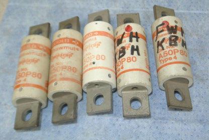 LOT of 5 / GOULD-SHAWMUT A50P80 AMP-TRAP® FUSES / 80A / 500V / NEW SURPLUS