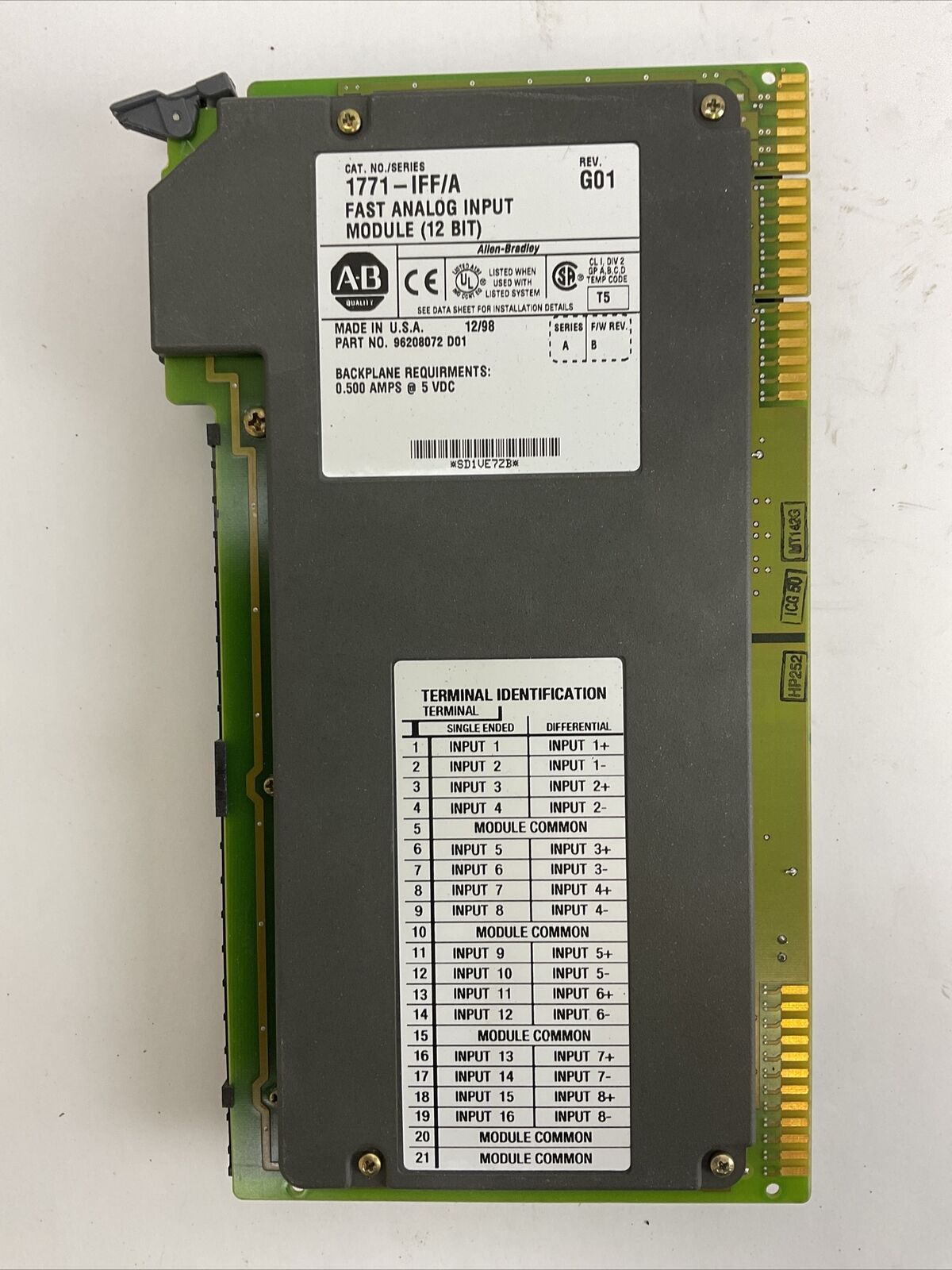 ALLEN BRADLEY 1771-IFF/A REV G01 FAST ANALOG INPUT (12 BIT) SER A F/W REV B 5VDC