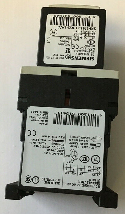 Siemens 3RH1262-1BB40 CONTACT Relay 24VDC Coil W/ 3RH1911-1GA22-3AA1 Aux.Contact