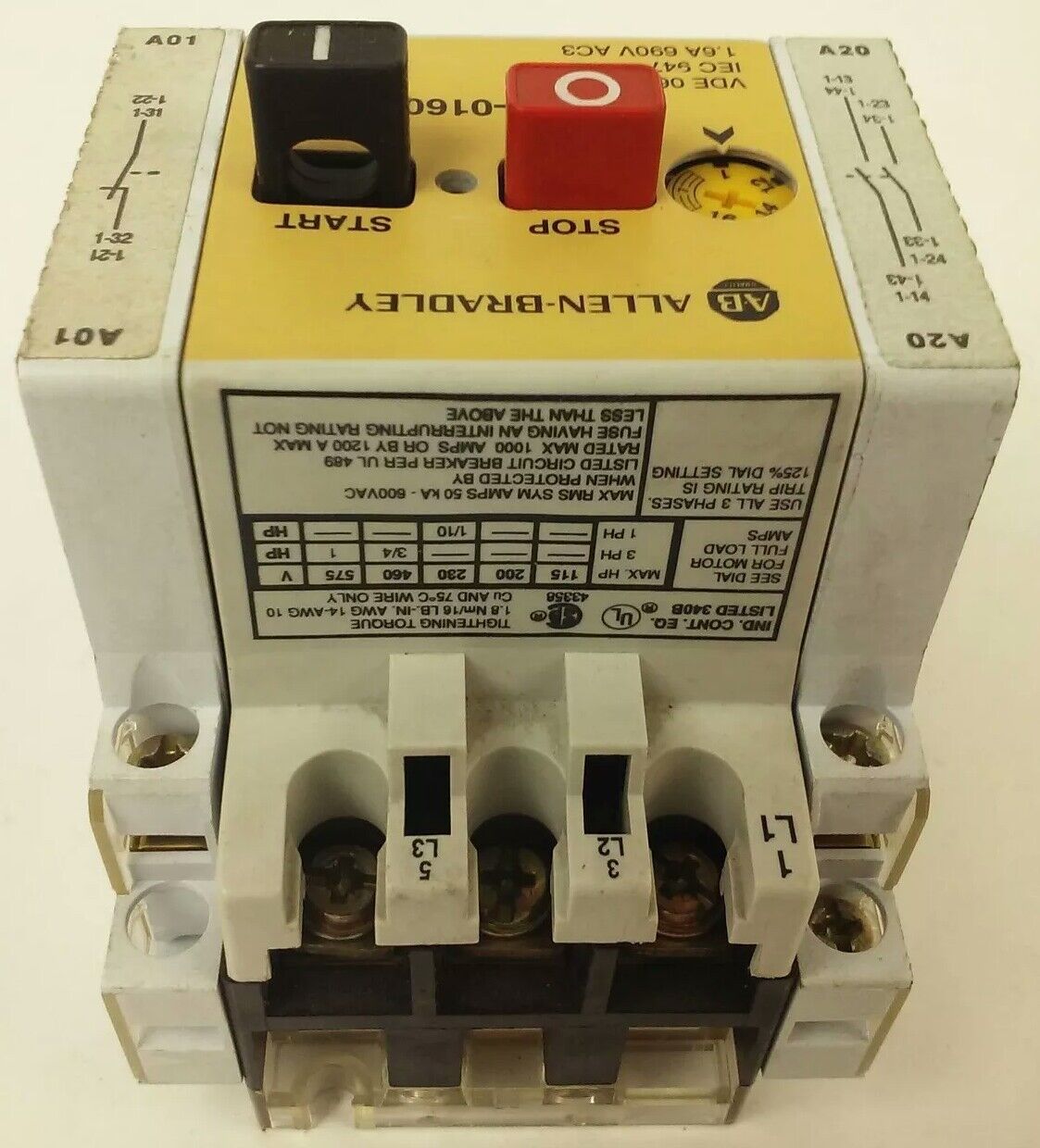 ALLEN BRADLEY 140-MN-0160, MANUEL MOTOR STARTER/ CIRCUIT BREAKER, 3PH, 600V,1.6A