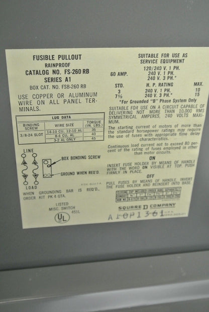 SQUARE D FS-260RB ENCLOSED FUSIBLE PULLOUT, RAINPROOF 120/240VAC 60A NEW SURPLUS