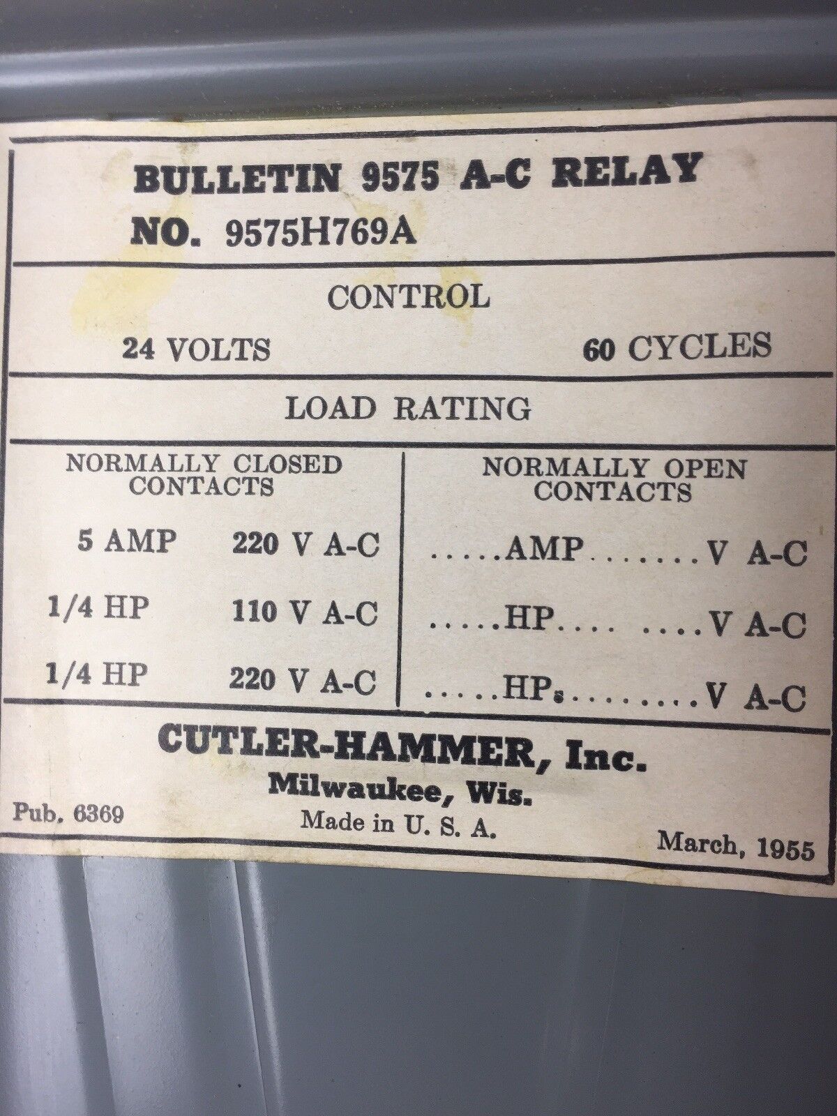 CUTLER HAMMER 9575H769A 509 A.C. RELAY 24 VOLTS 60 CYCLES 1/4 HP NORMALLY CLOSED