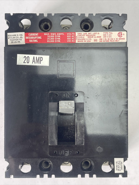 SQUARE D FHL36020 CIRCUIT BREAKER 600VAC 20AMP 3POLE