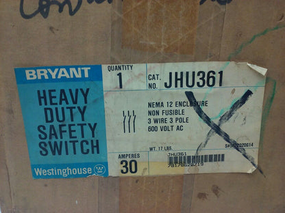 WESTINGHOUSE JHU361 H.D. SAFETY SWITCH NON FUSIBLE, 3PH, 30A, 600V, 20HP NEMA 12