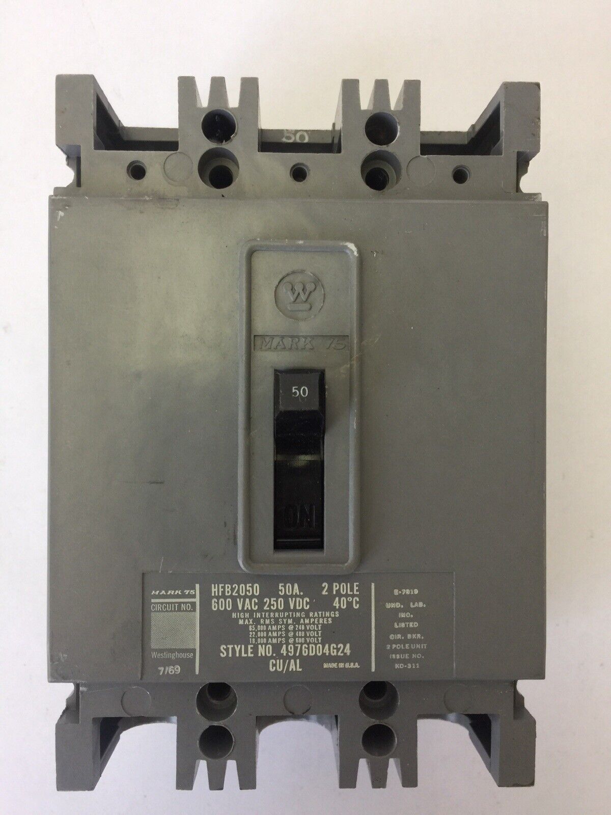 WESTINGHOUSE HFB2050 CIRCUIT BREAKER 50AMP 600VAC 250VDC 2POLE 4976D04G24