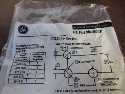 GE CR104PBG02R3 HD OILTIGHT PUSHBUTTON, RECESSED, RED, 2 N.C. - NEW SURPLUS