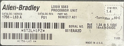 ALLEN BRADLEY 1756-L63 SER A CATALOG REV F01 F/W REV 1.4 LOGIX 5563 PROCESSOR