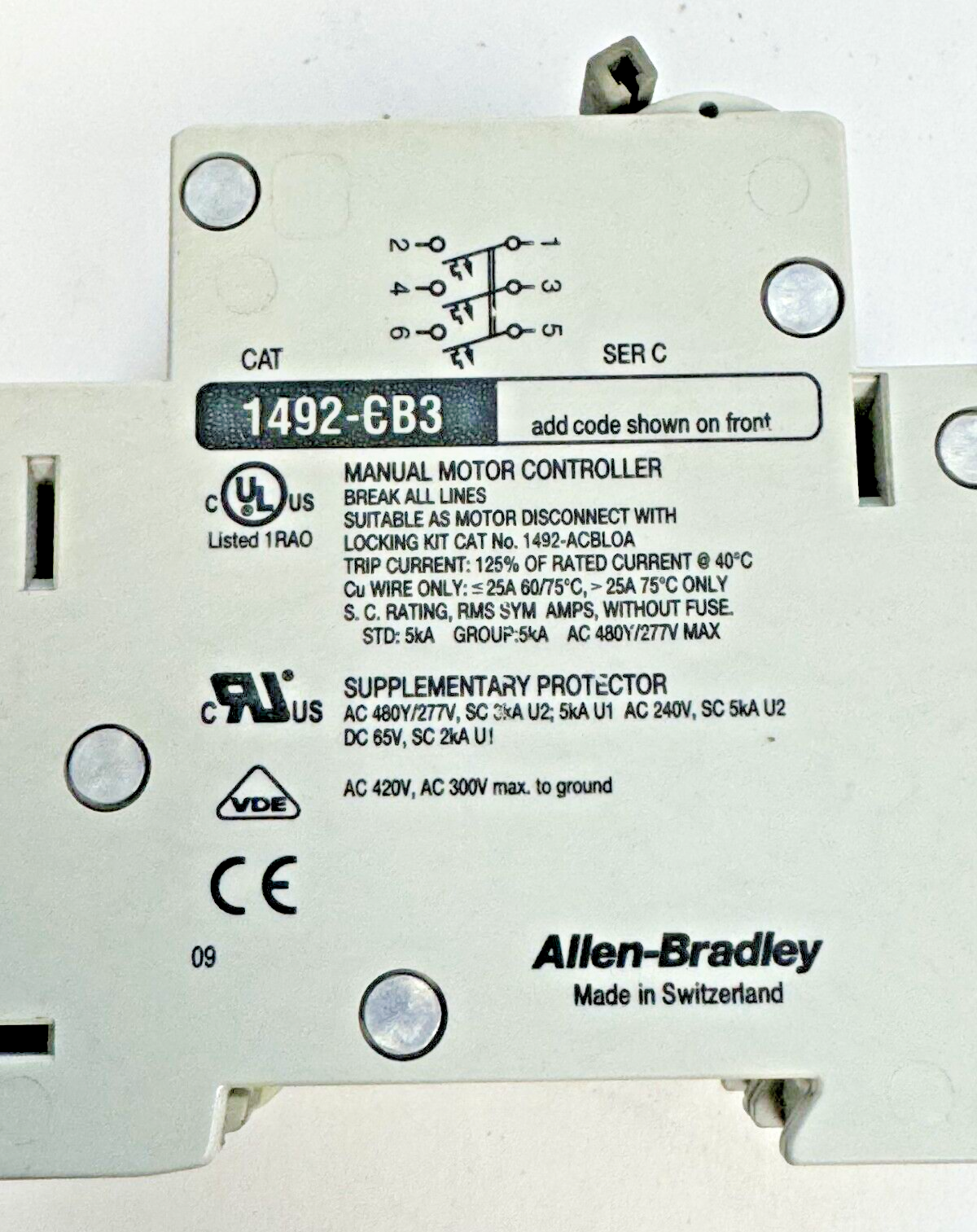 ALLEN-BRADLEY - 1492-CB3-H100 SER. C - MOTOR CONT. - 3 P, 10 A, 277 V, 5HP, 3PH