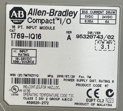 ALLEN BRADLEY 1769-IQ16 COMPACT I/O 16CH INPUT MODULE SER A F/W REV 3.1 DIR/VER