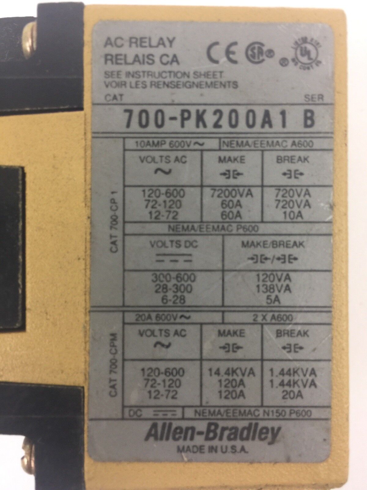 ALLEN BRADLEY 700-PK200A1 AC RELAY SER B 115-120V 60HZ 110V 50HZ COIL