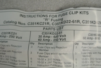 CUTLER-HAMMER C351KD22-61R FUSE CLIP KIT / 30A @ 600V / 60A @ 250V / NEW SURPLUS