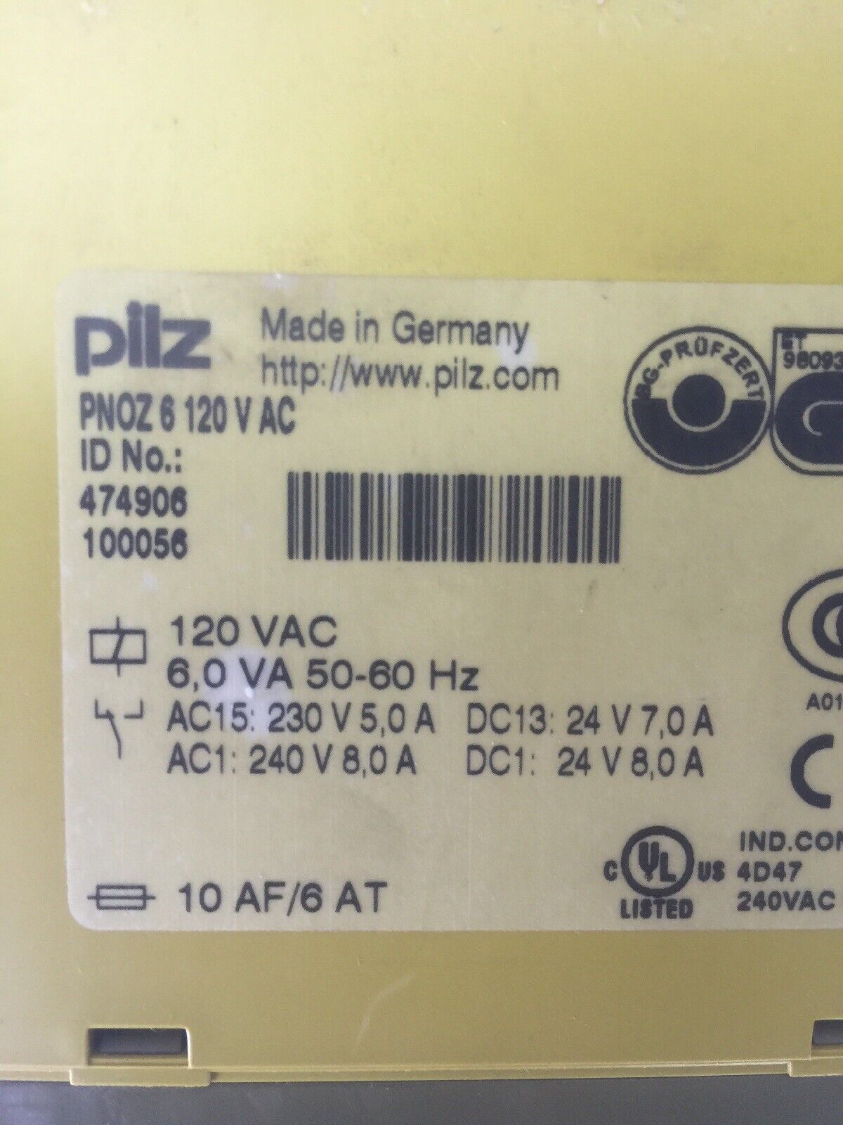PILZ PNOZ 6 120VAC 6,0 VA 50-60HZ