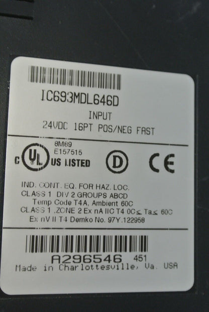 GE FANUC IC693MDL646D INPUT MODULE 24VDC 16PT POS/NEG FAST - LOGIC / NO "DOOR"