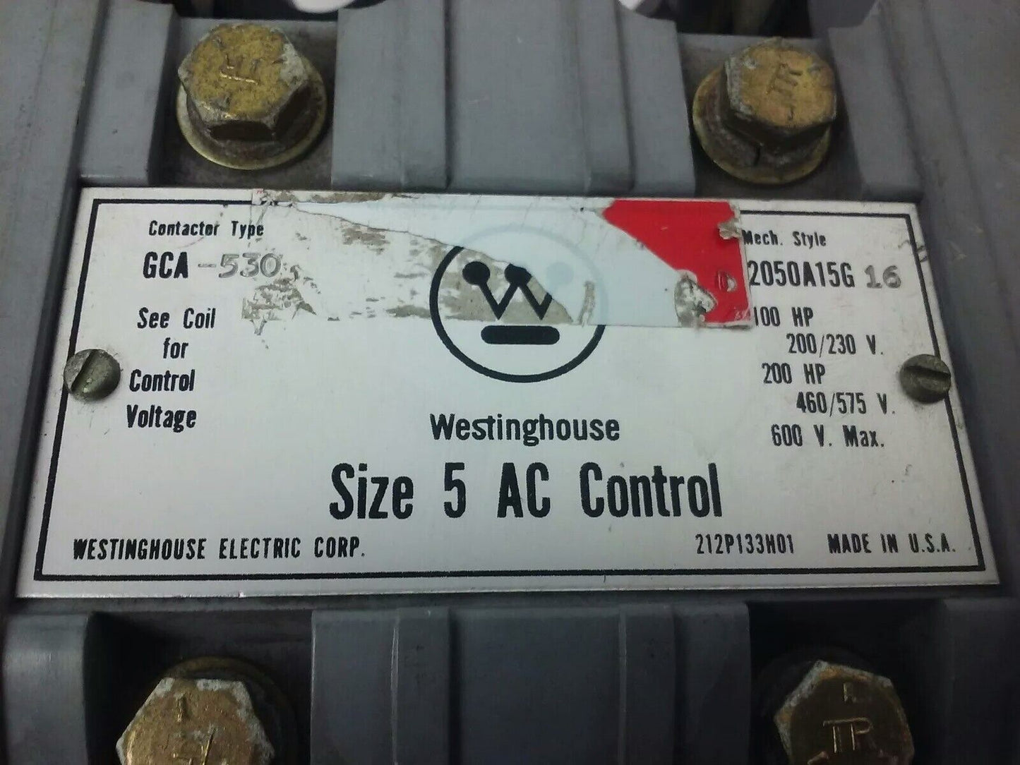 WESTINGHOUSE GCA530 AC CONTACTOR, 200/230V@100HP, 460/575V@200HP, 120V COIL,USED