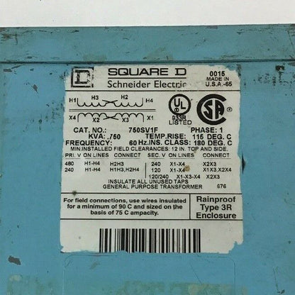 SQUARE D 750SV1F TRANSFORMER .750KVA 1PH 60HZ PRIM.240/480V SEC.120/240V