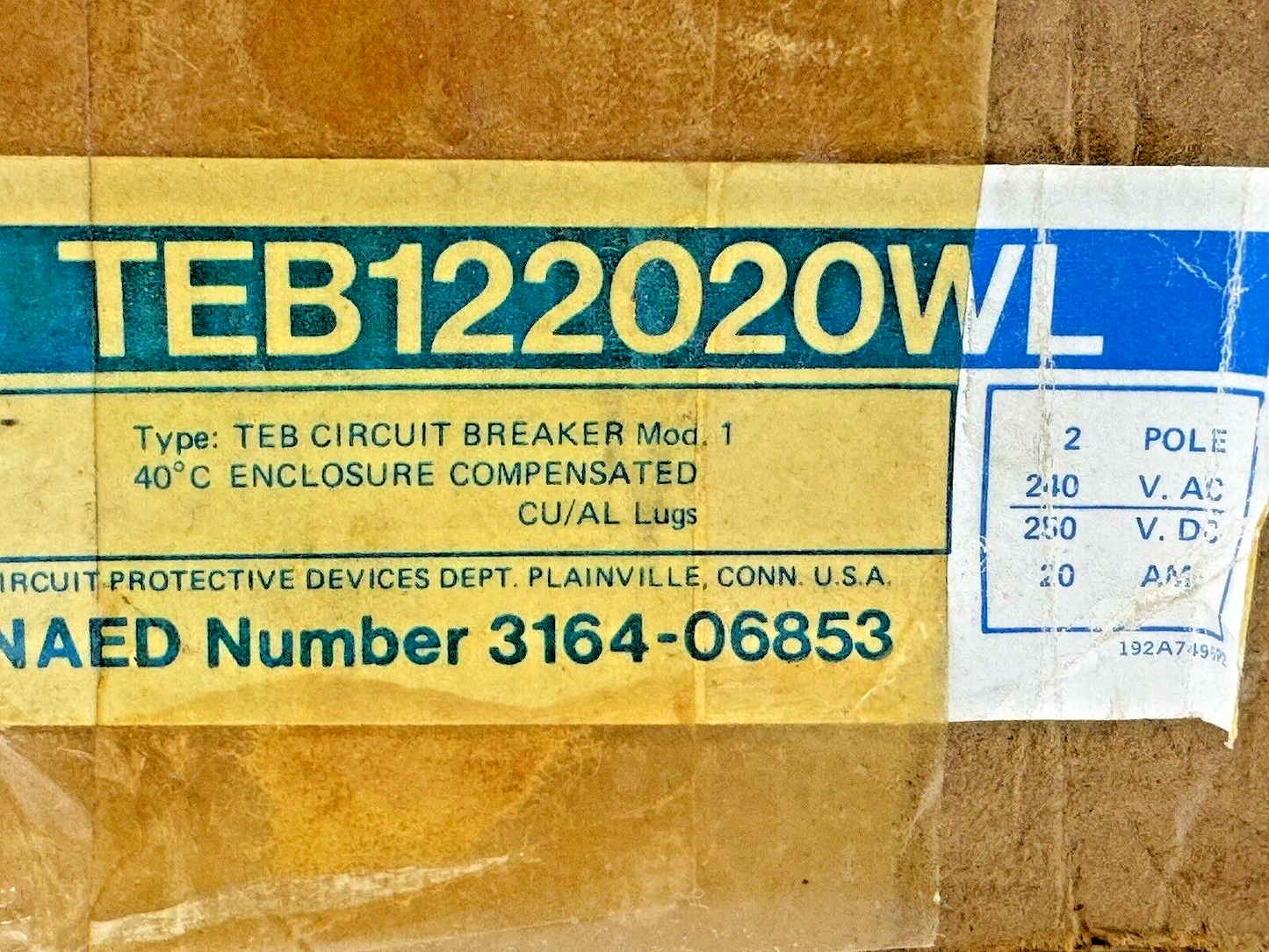 GE - TEB122020WL - CIRCUIT BREAKER MOD 1 - 2 POLE, 240 VAC, 20 A
