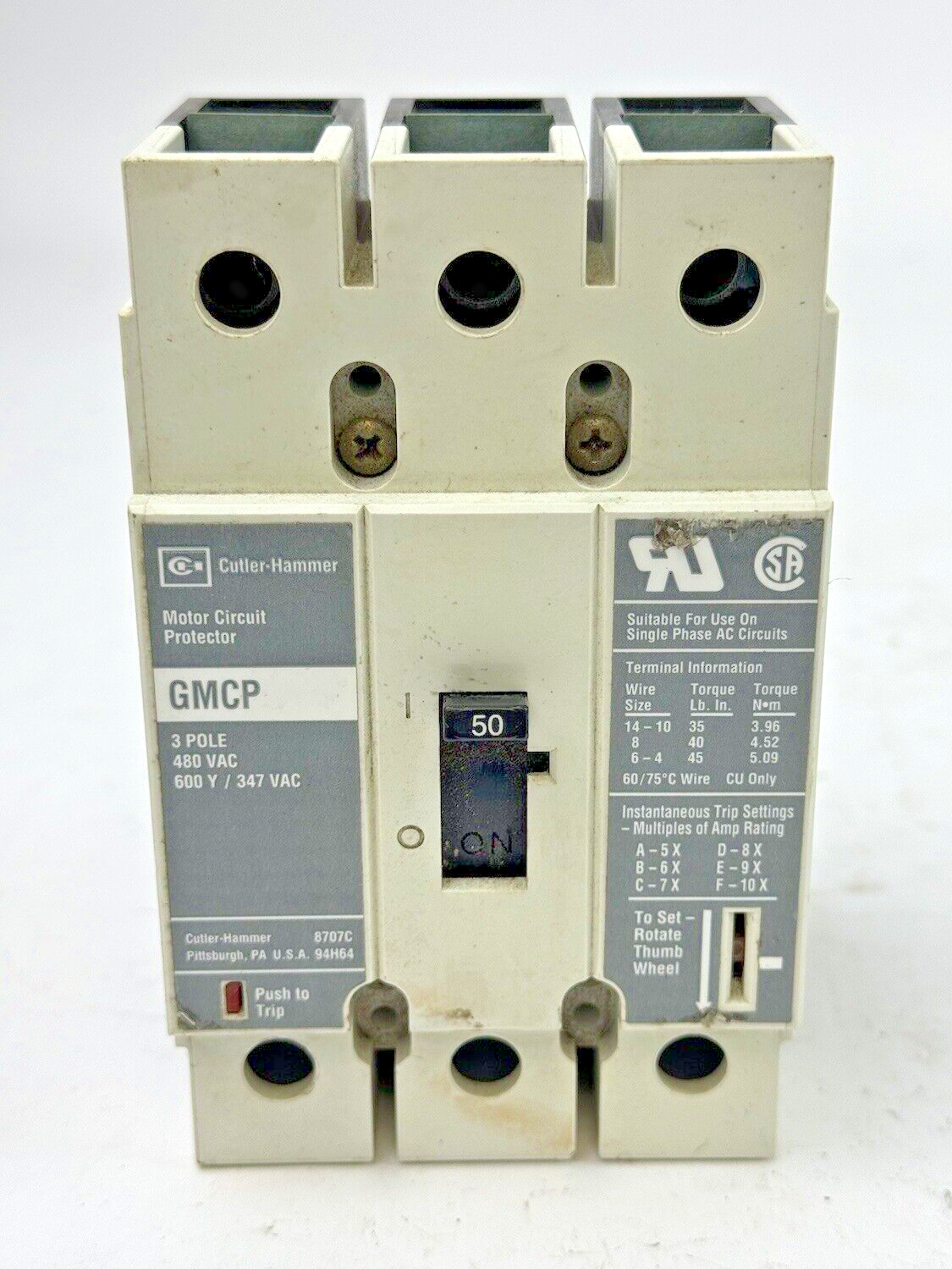 CUTLER-HAMMER - GMCP050K2C - MOTOR CIRCUIT PROTECTOR - 3 POLE/ 600 VAC/50 A